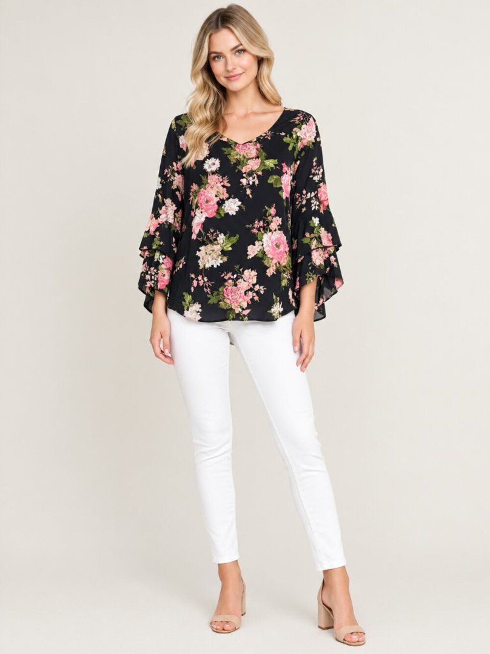 2/$30 T TAHARI Floral Print Ruffle Bell Sleeve V-Neck Top Pleated Back 1X #A4761